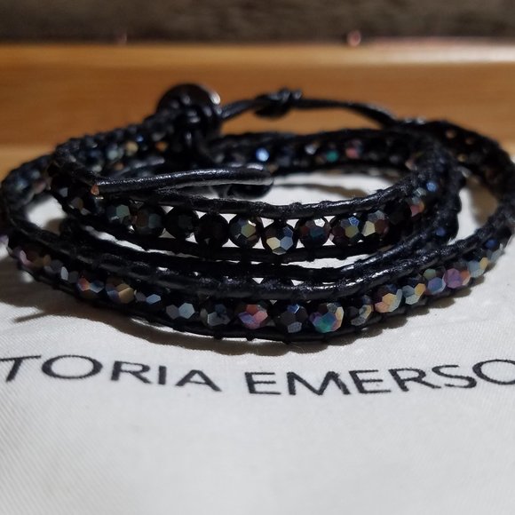 NEW! Mixed Crystals on Black Leather Wrap Bracelet - Picture 3 of 7